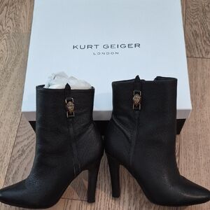 Kurt Geiger Black Leather Ankle Booties with Gold Buckle
